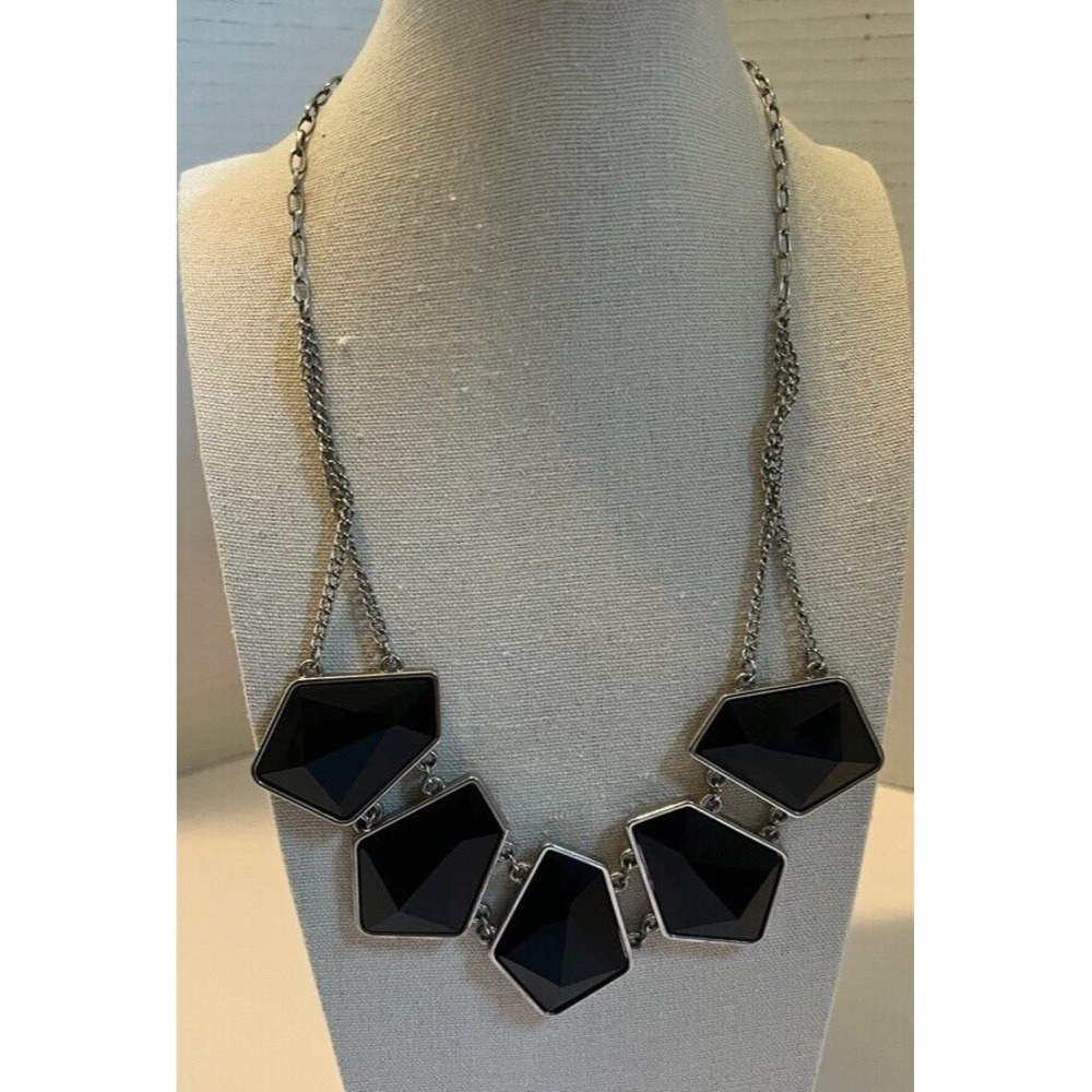 Chunky Black Geometric Statement Necklace Double Chain Faceted Stones Edgy Glam
